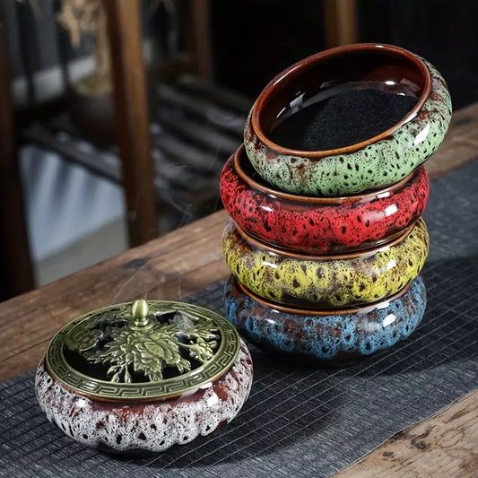 Exquisiter großer Keramik-Räuchergefäß mit Vintage-Kupferdeckel – Kreative Wohndekoration