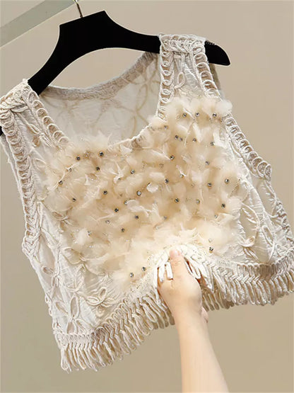 Beaded and Rhinestone Embellished Vest with Irregular Fringe