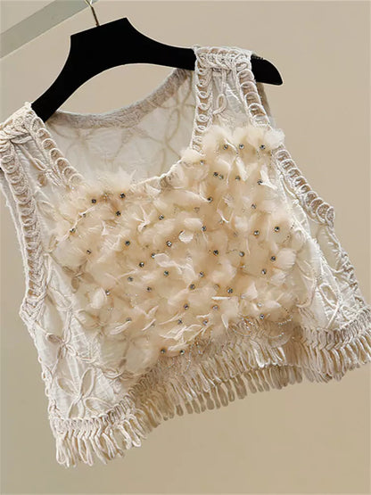 Beaded and Rhinestone Embellished Vest with Irregular Fringe