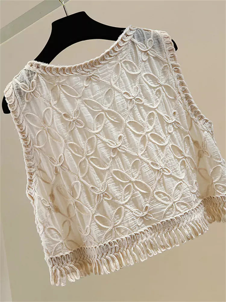Beaded and Rhinestone Embellished Vest with Irregular Fringe