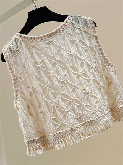 Beaded and Rhinestone Embellished Vest with Irregular Fringe