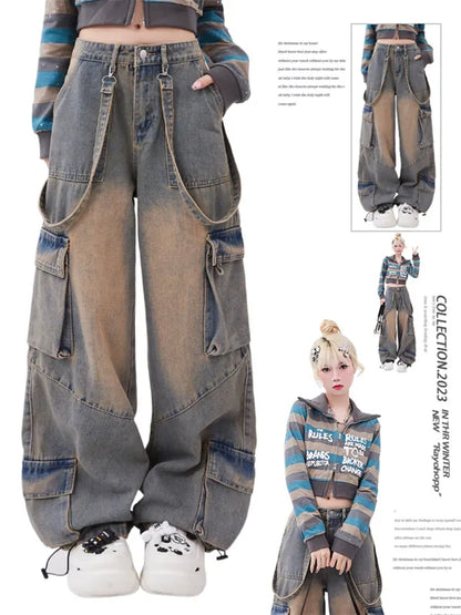 Big Pocket Drawstring Ribbon Cargo Jeans
