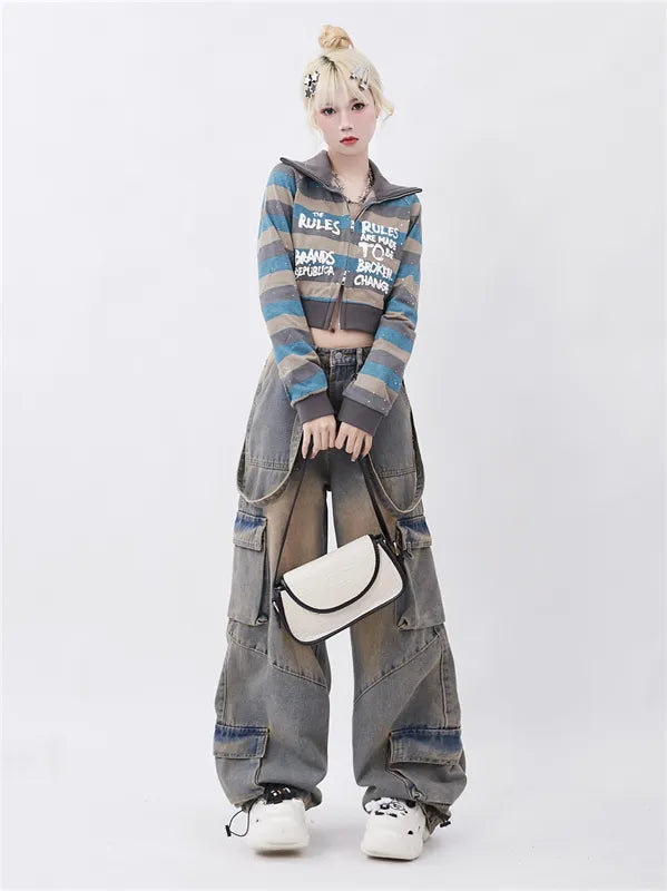 Big Pocket Drawstring Ribbon Cargo Jeans