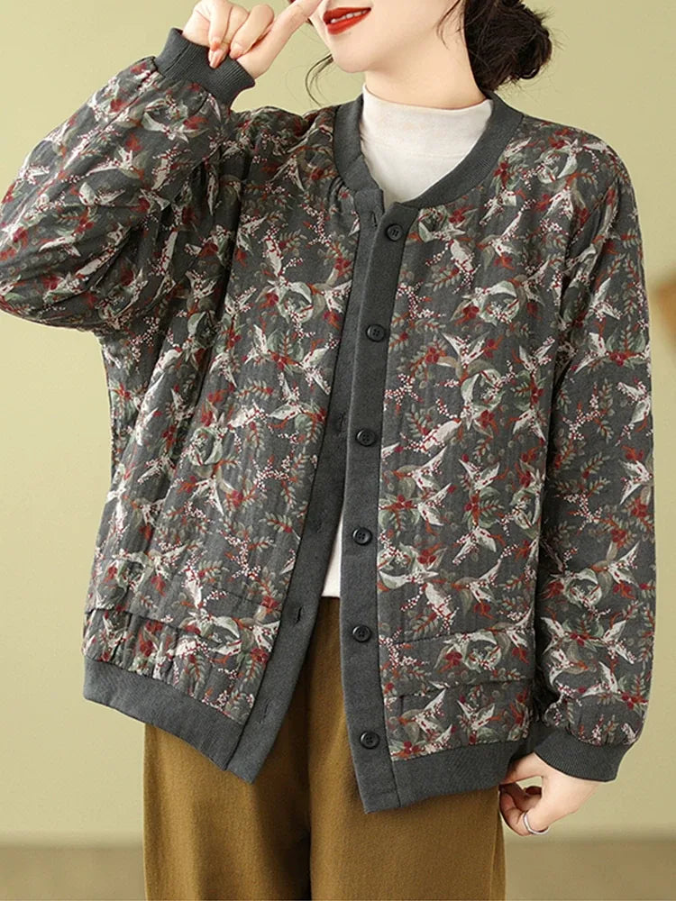 Bird Print Padded Baseball Jacket with Quilted Lining