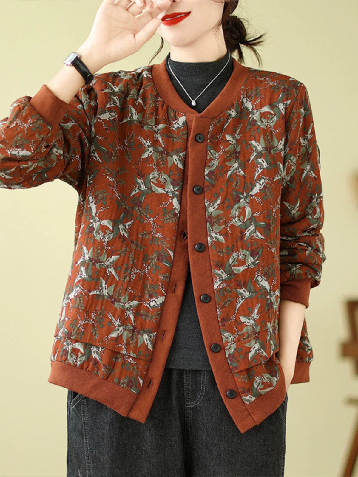 Bird Print Padded Baseball Jacket with Quilted Lining