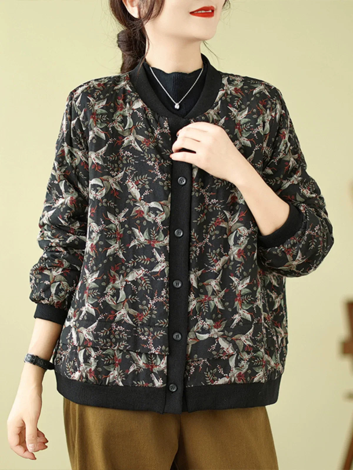 Bird Print Padded Baseball Jacket with Quilted Lining