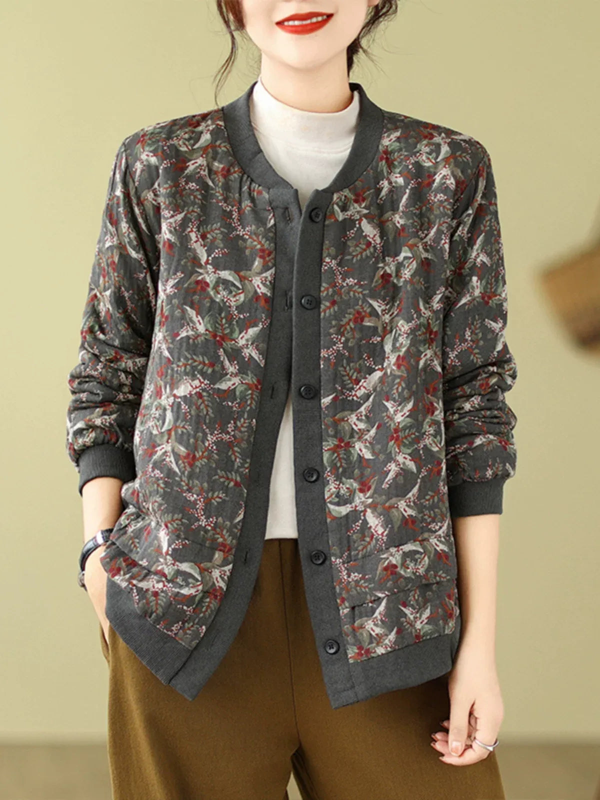 Bird Print Padded Baseball Jacket with Quilted Lining