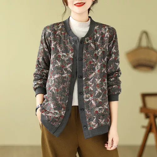 Bird Print Padded Baseball Jacket with Quilted Lining