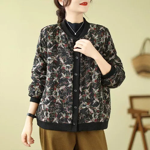 Bird Print Padded Baseball Jacket with Quilted Lining