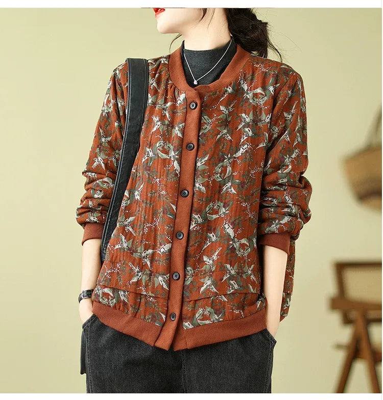 Bird Print Padded Baseball Jacket with Quilted Lining