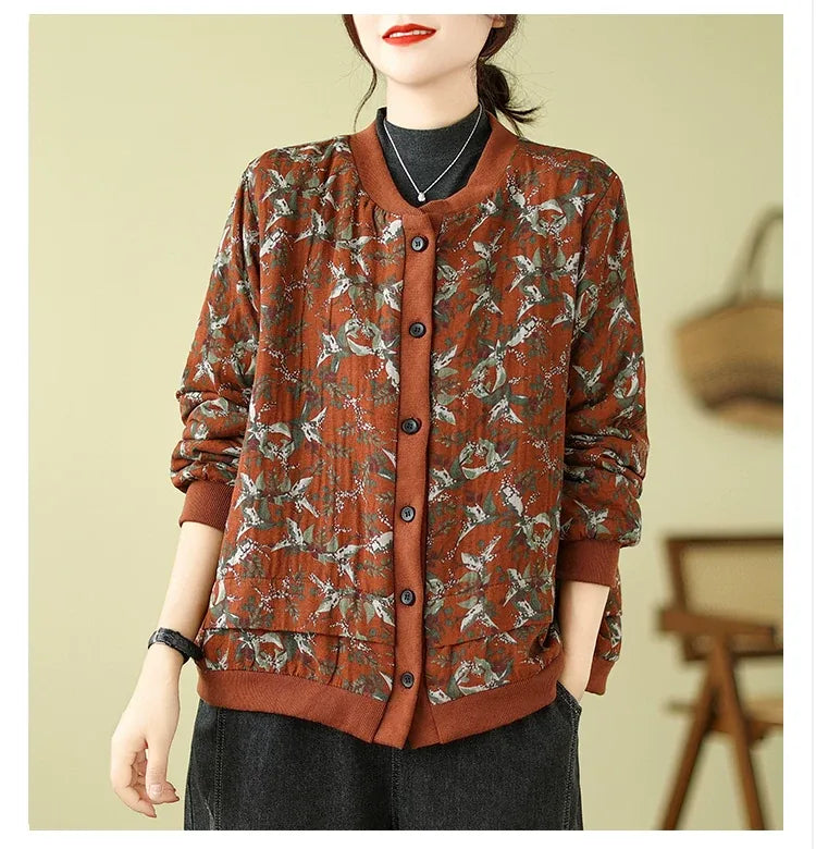 Bird Print Padded Baseball Jacket with Quilted Lining