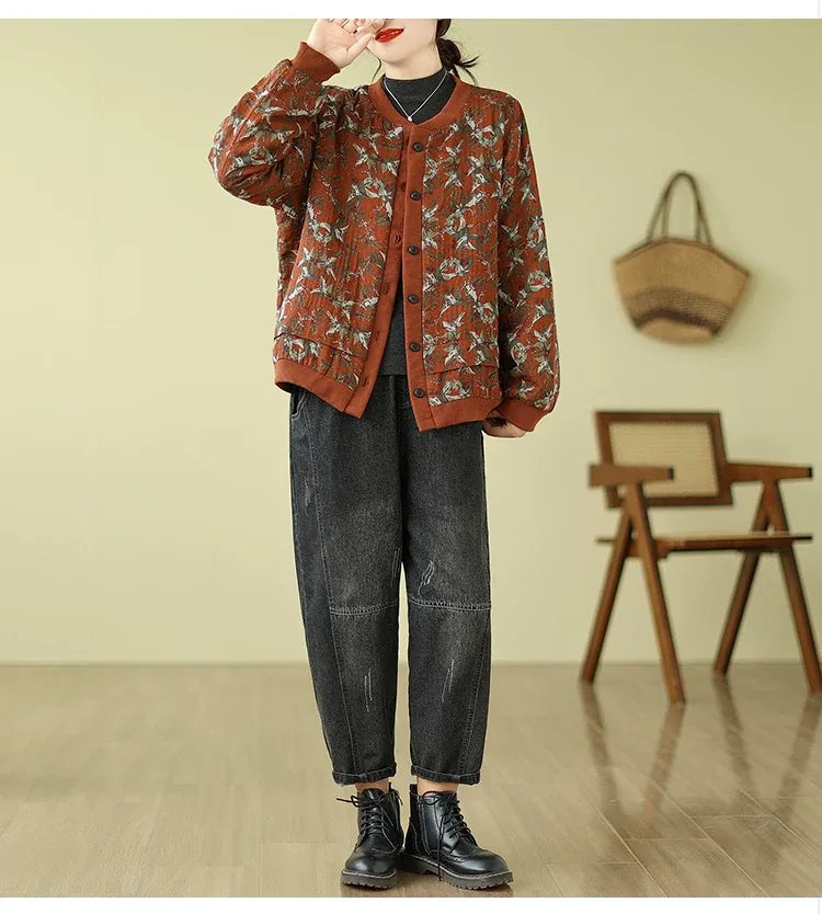 Bird Print Padded Baseball Jacket with Quilted Lining