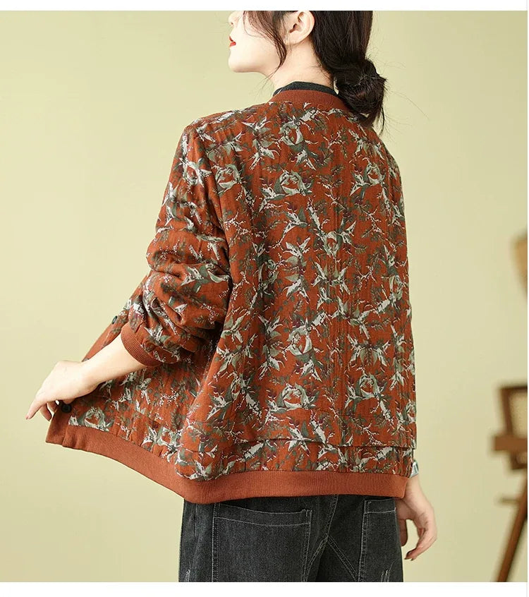 Bird Print Padded Baseball Jacket with Quilted Lining
