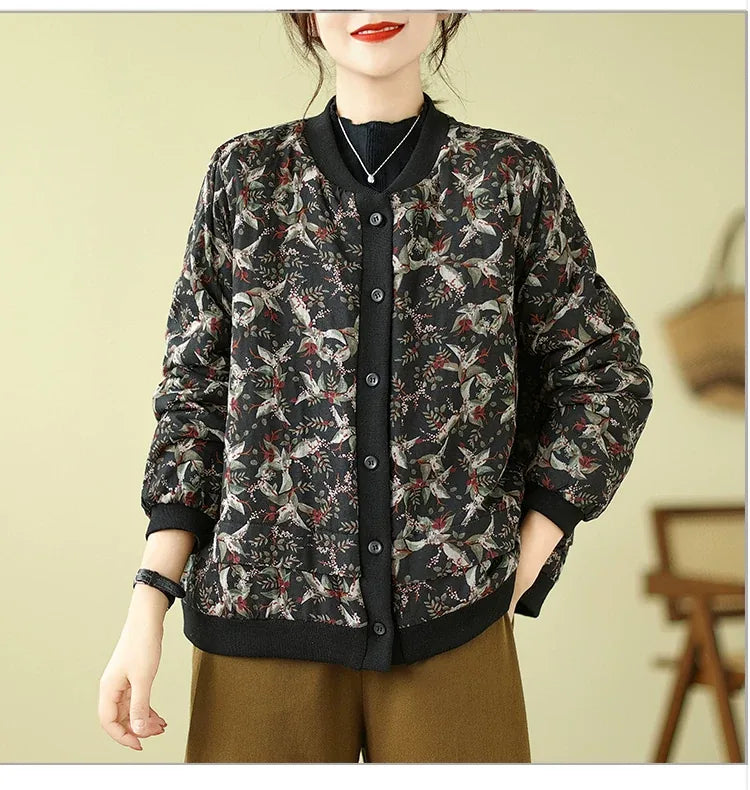 Bird Print Padded Baseball Jacket with Quilted Lining