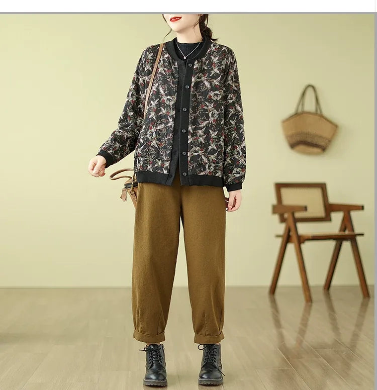 Bird Print Padded Baseball Jacket with Quilted Lining