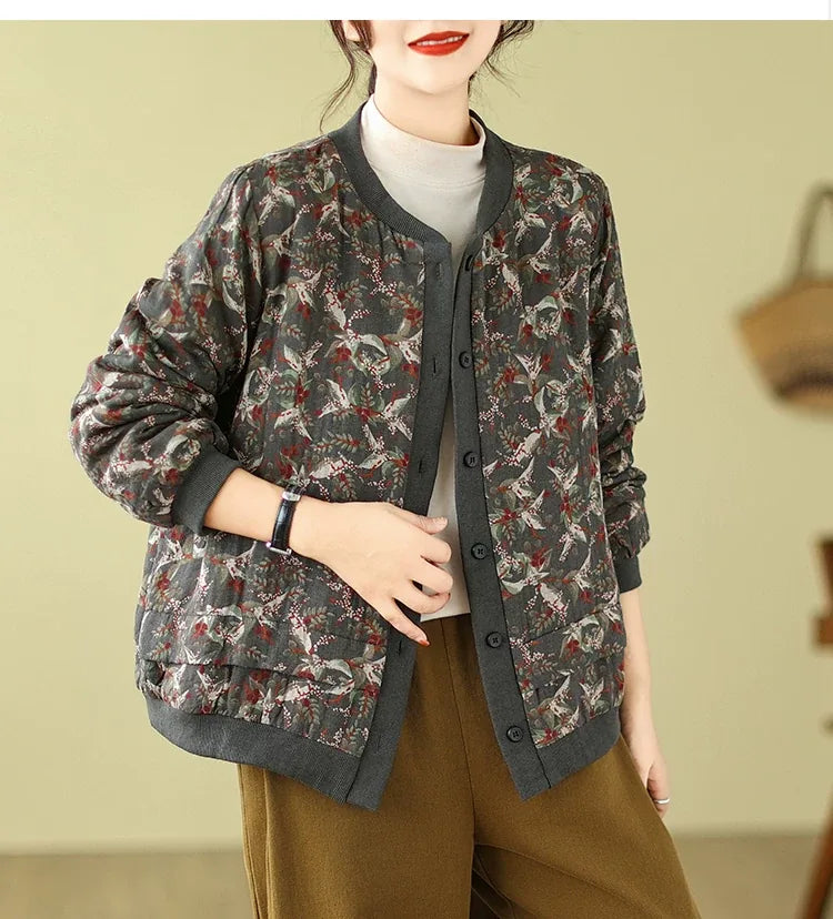 Bird Print Padded Baseball Jacket with Quilted Lining