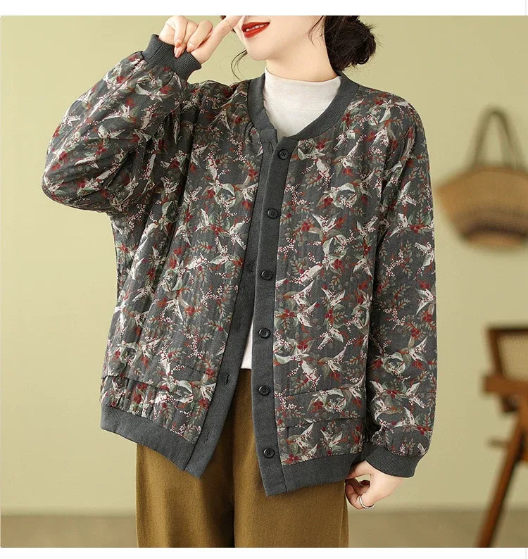 Bird Print Padded Baseball Jacket with Quilted Lining