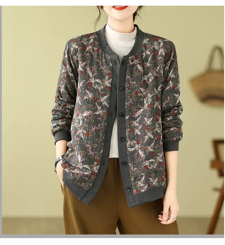 Bird Print Padded Baseball Jacket with Quilted Lining