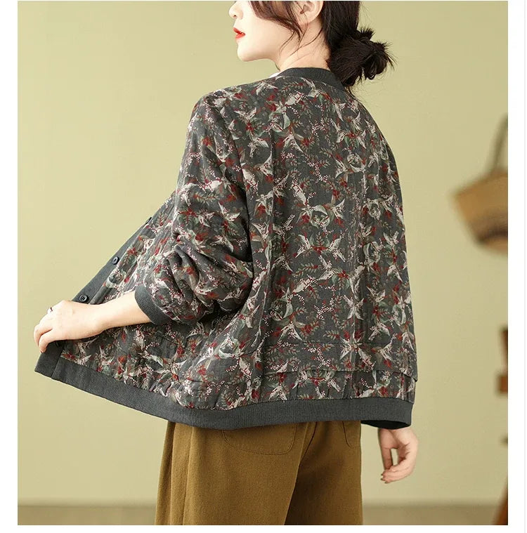 Bird Print Padded Baseball Jacket with Quilted Lining