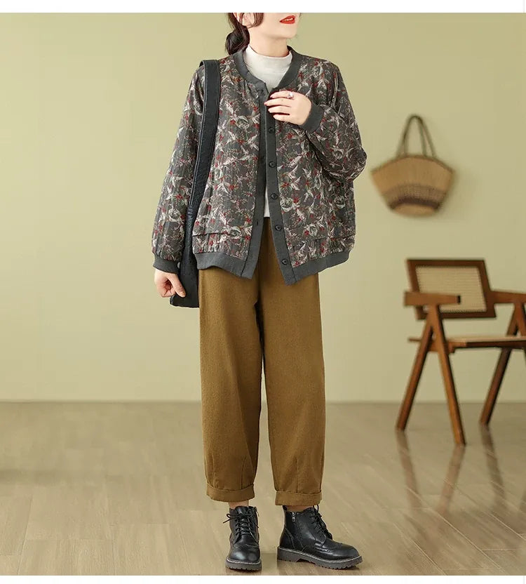 Bird Print Padded Baseball Jacket with Quilted Lining