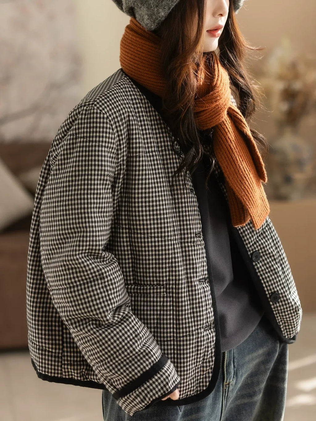 Black and White Check Quilted Padded Jacket
