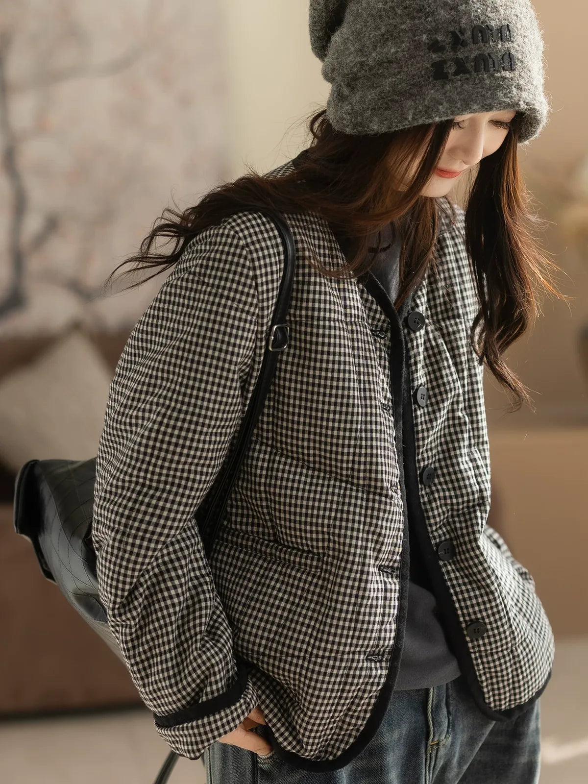 Black and White Check Quilted Padded Jacket