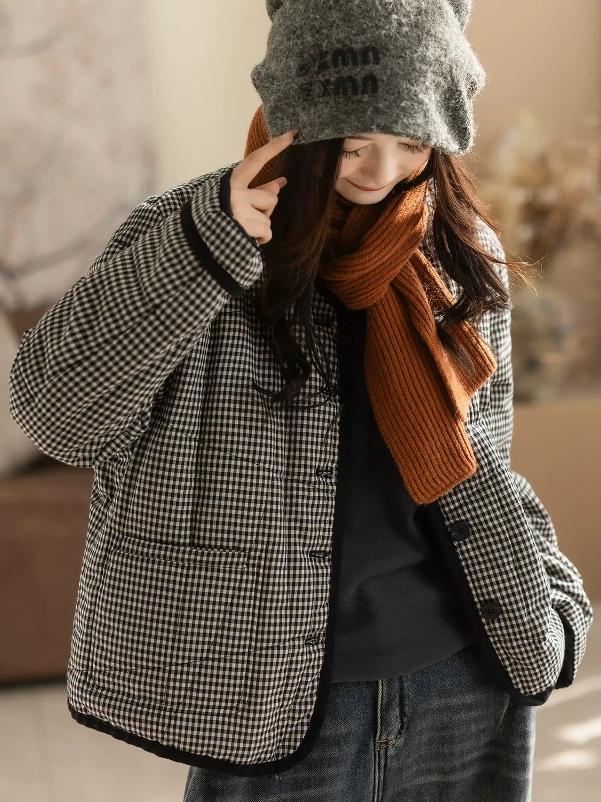 Black and White Check Quilted Padded Jacket