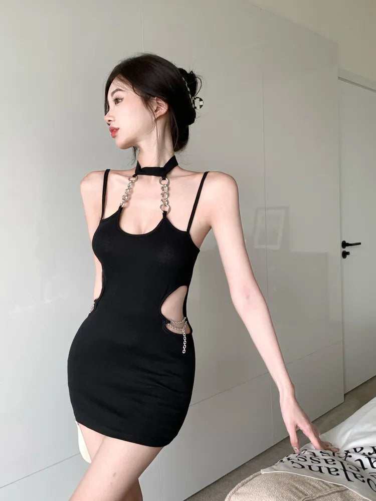 Black Cutout Chain Halter Sleeveless Bodycon Strap Mini Dress