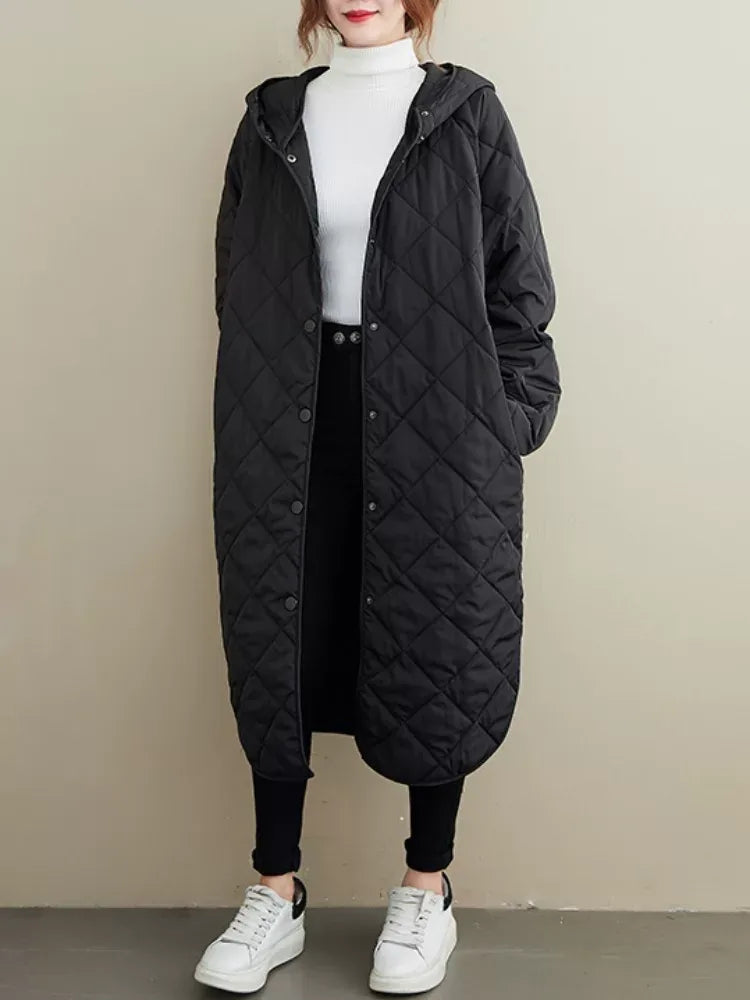 Black Diamond Quilted Hooded Snap Button Padded Coat