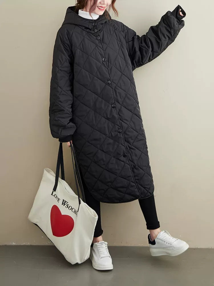 Black Diamond Quilted Hooded Snap Button Padded Coat
