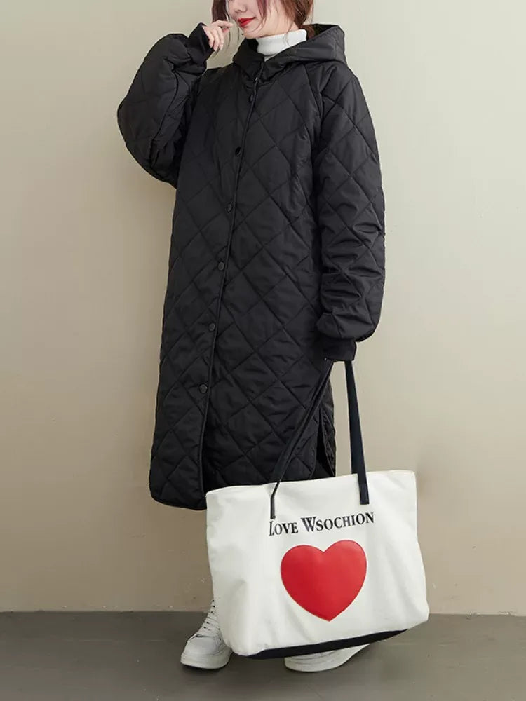 Black Diamond Quilted Hooded Snap Button Padded Coat