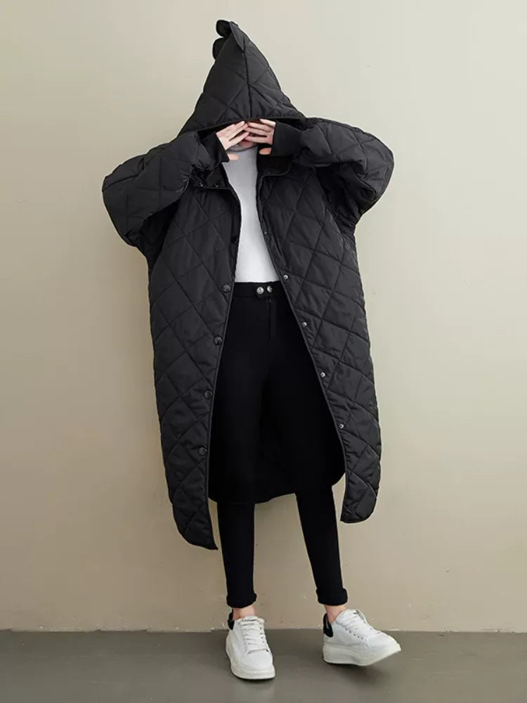 Black Diamond Quilted Hooded Snap Button Padded Coat