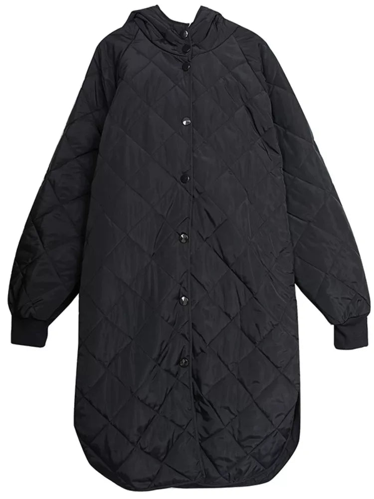 Black Diamond Quilted Hooded Snap Button Padded Coat