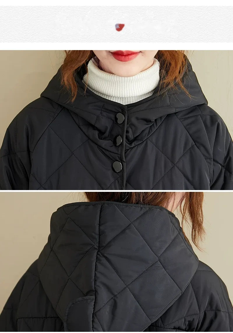 Black Diamond Quilted Hooded Snap Button Padded Coat