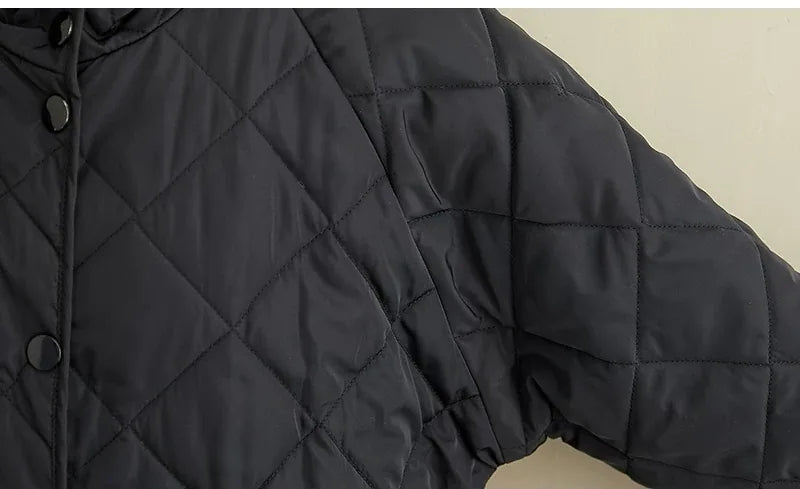 Black Diamond Quilted Hooded Snap Button Padded Coat