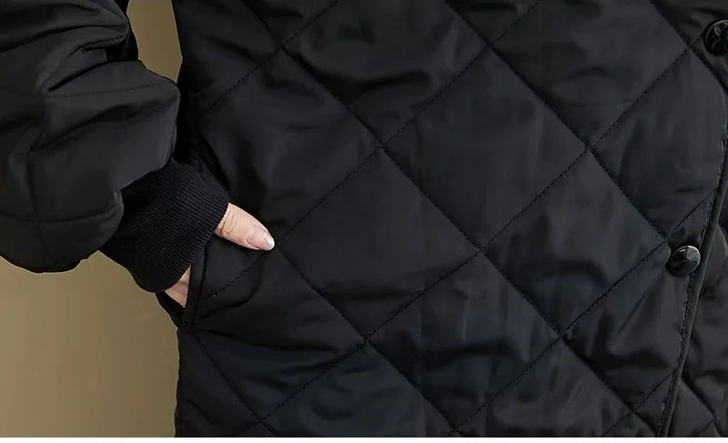 Black Diamond Quilted Hooded Snap Button Padded Coat