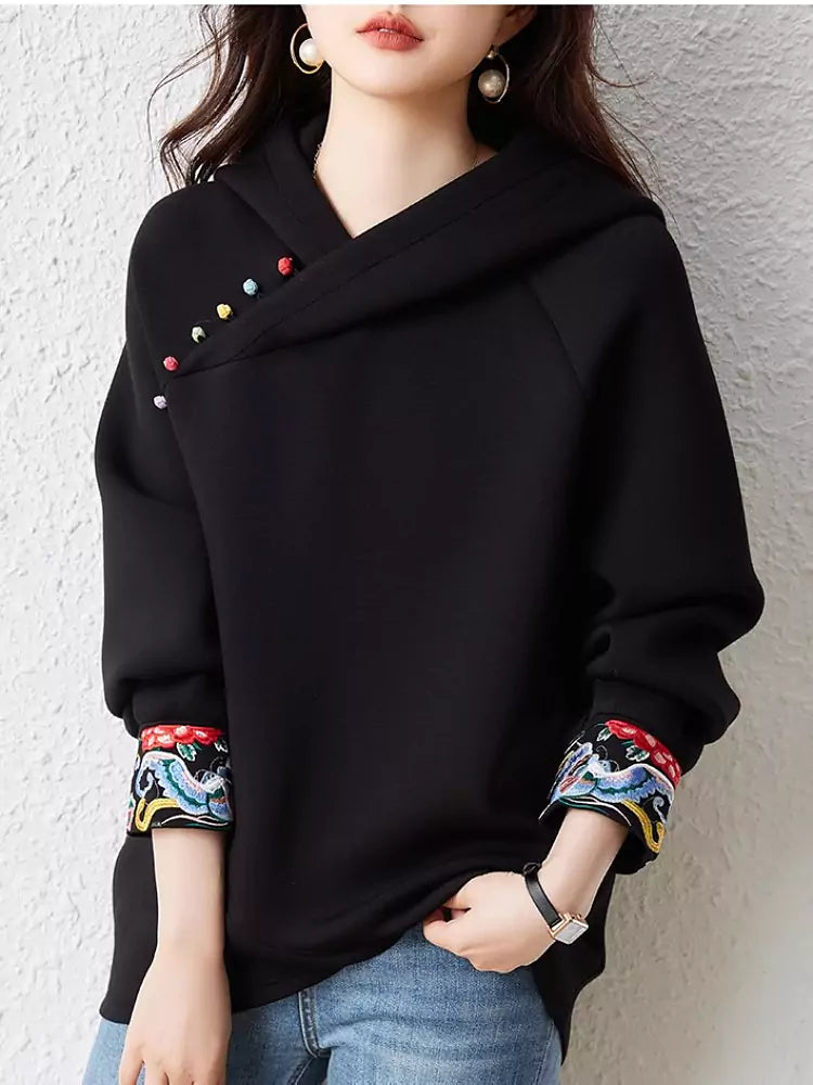 Schwarzes, luxuriöses Fleece-Sweatshirt mit Jacquard-Stickerei und Kapuze