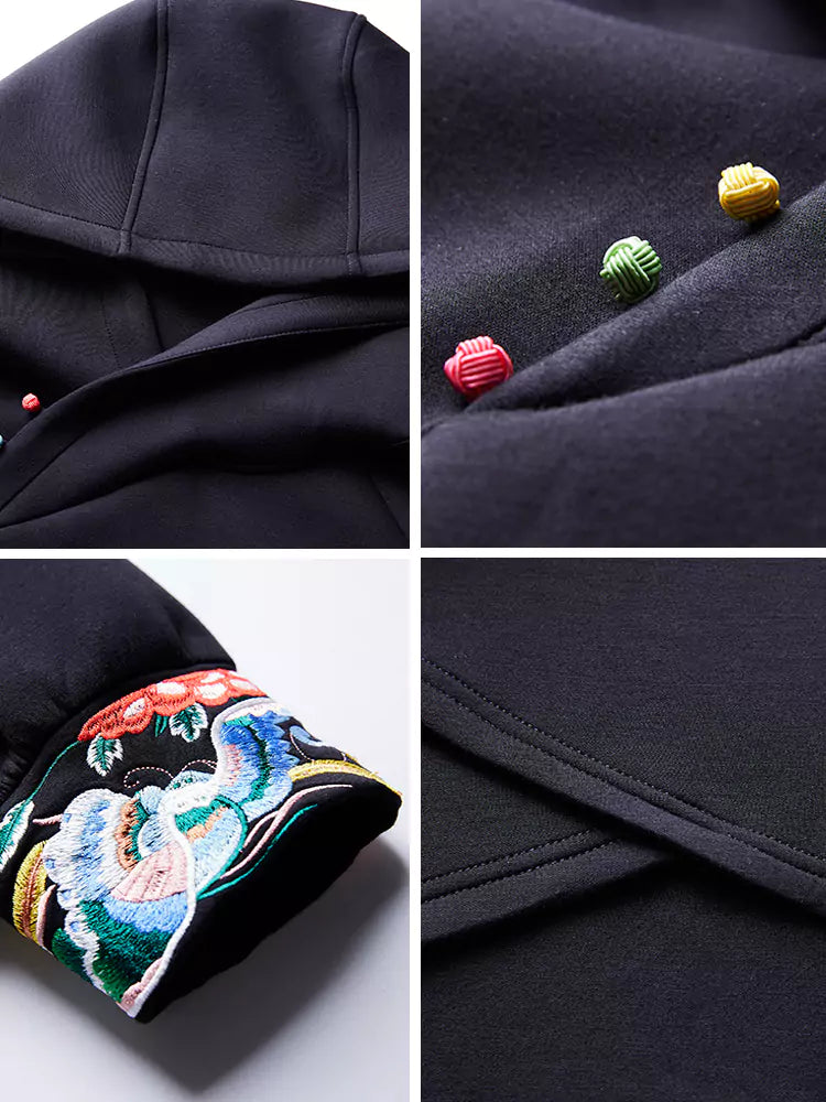 Schwarzes, luxuriöses Fleece-Sweatshirt mit Jacquard-Stickerei und Kapuze