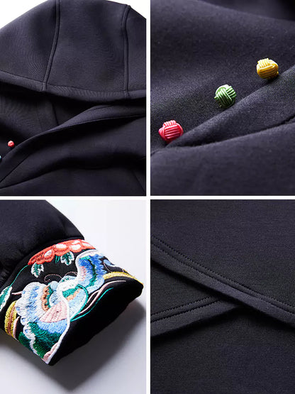 Sudadera polar con capucha y bordado de jacquard negro de lujo