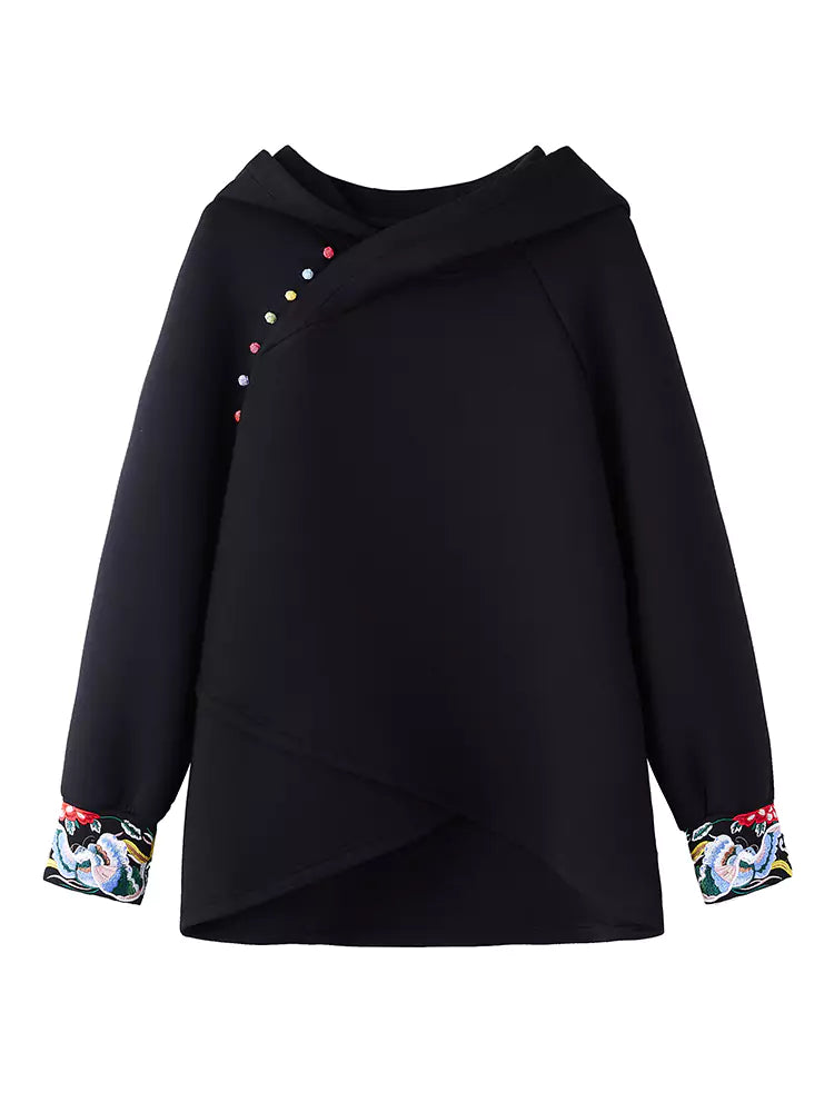Schwarzes, luxuriöses Fleece-Sweatshirt mit Jacquard-Stickerei und Kapuze