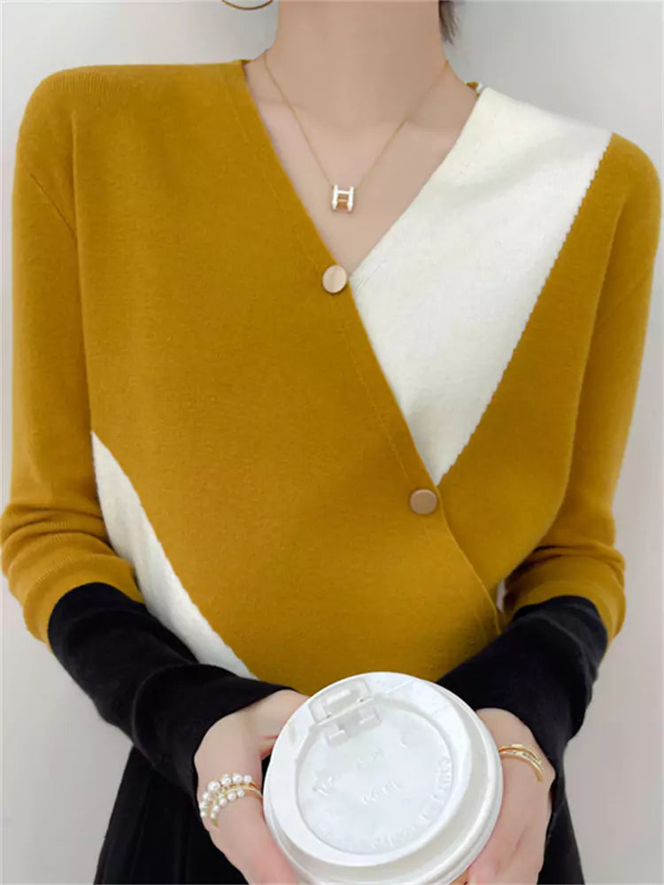 Bold Color Block Patchwork V-Neck Wool Knit Top
