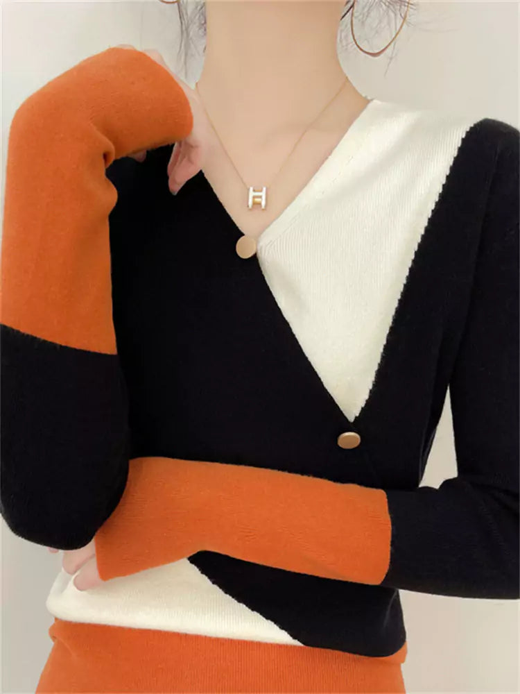 Bold Color Block Patchwork V-Neck Wool Knit Top