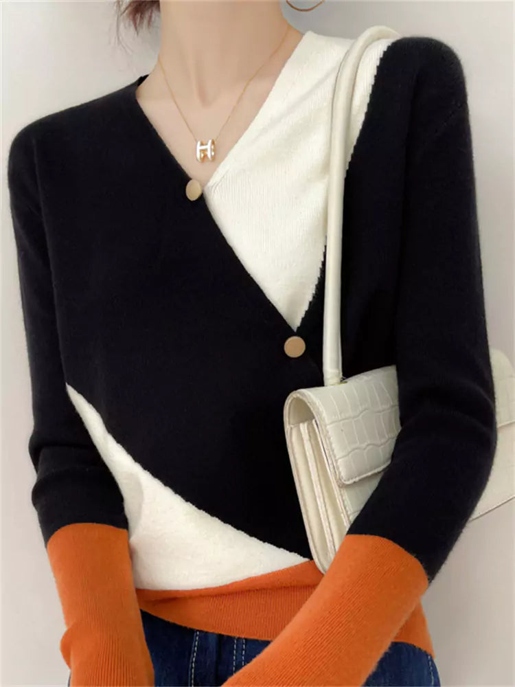 Bold Color Block Patchwork V-Neck Wool Knit Top