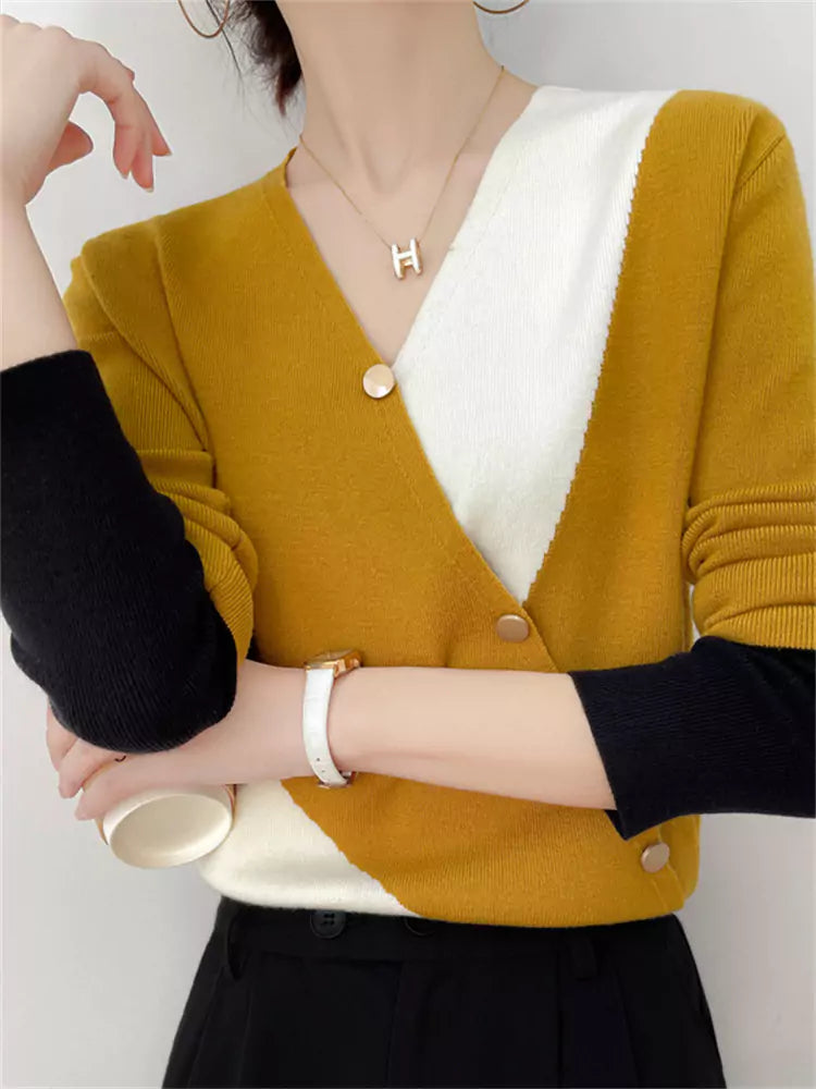 Bold Color Block Patchwork V-Neck Wool Knit Top