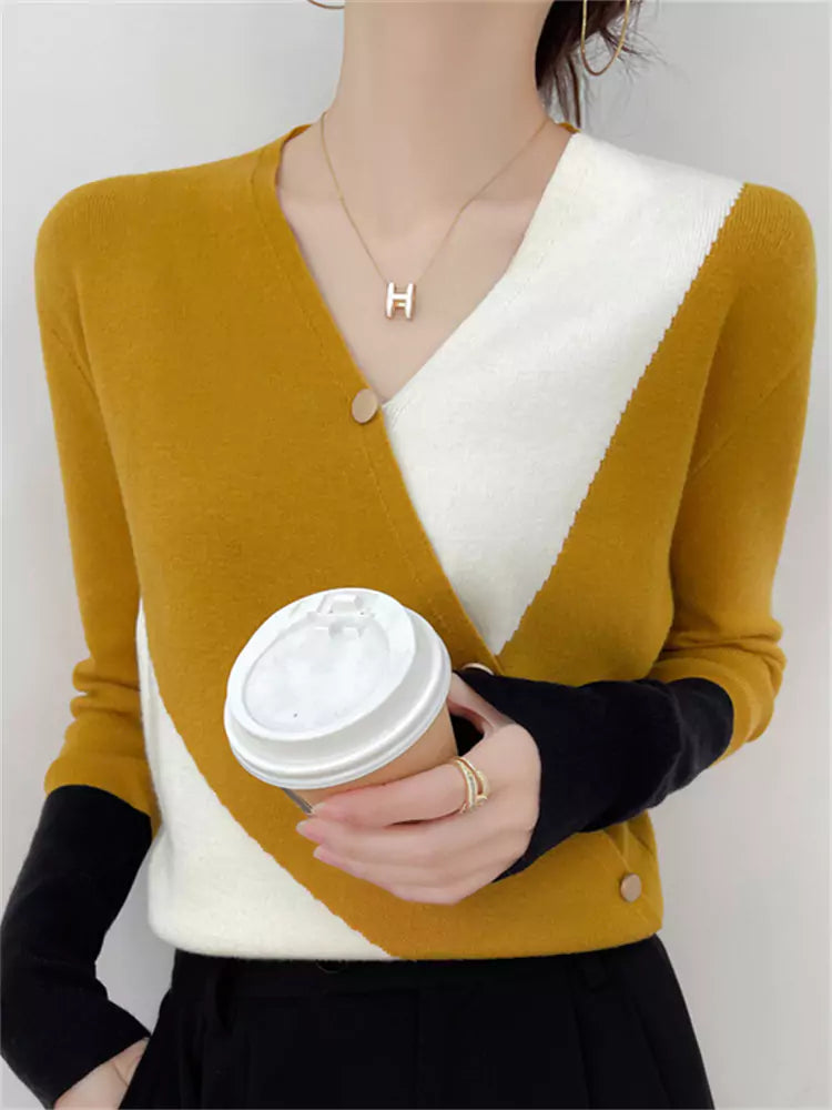 Bold Color Block Patchwork V-Neck Wool Knit Top