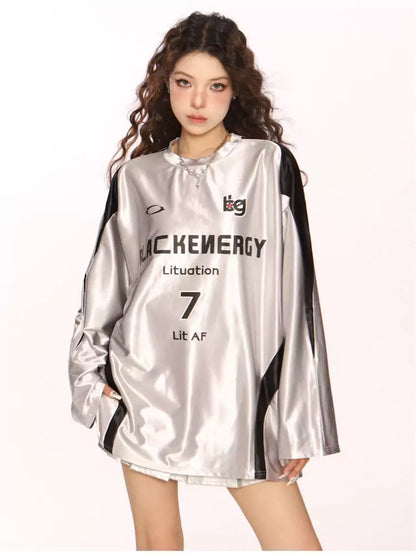 Silbernes Jersey-T-Shirt mit Raglanärmeln und Kontrastnähten