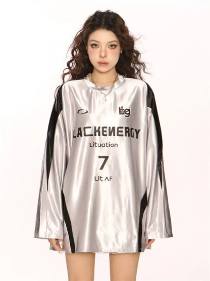 Silbernes Jersey-T-Shirt mit Raglanärmeln und Kontrastnähten