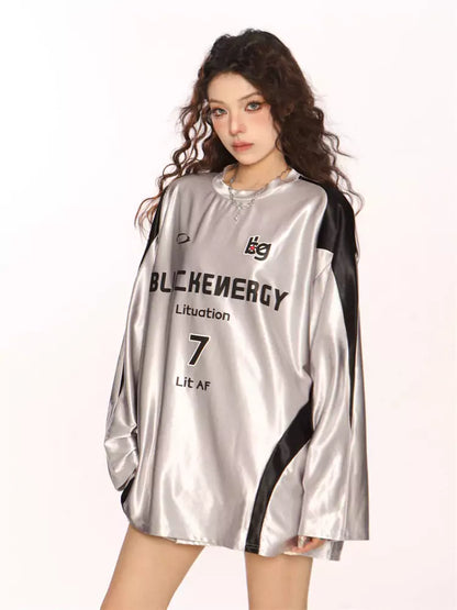 Silbernes Jersey-T-Shirt mit Raglanärmeln und Kontrastnähten