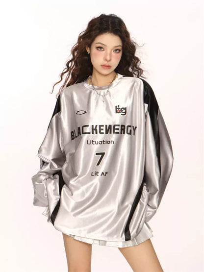 Silbernes Jersey-T-Shirt mit Raglanärmeln und Kontrastnähten