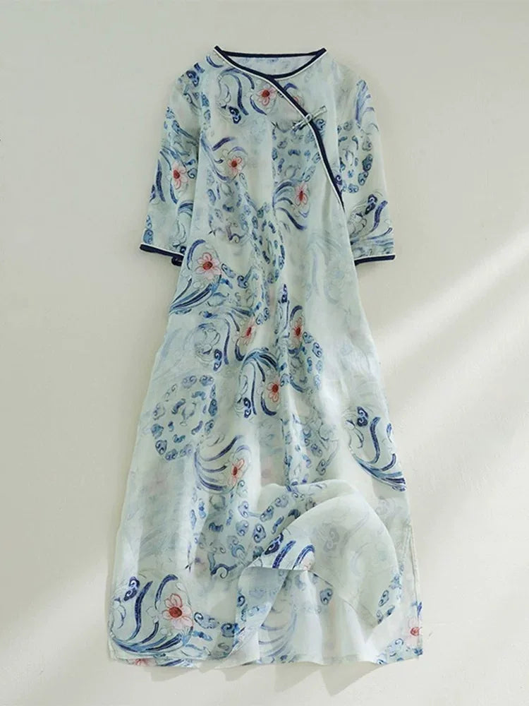 Blue and White Porcelain Print Asymmetrical Placket Maxi Dress